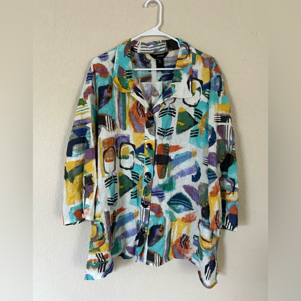 Ali Miles Tunic Top  Linen Geometric Lagenlook Art Relax 3/4 Sleeve  Size 3X